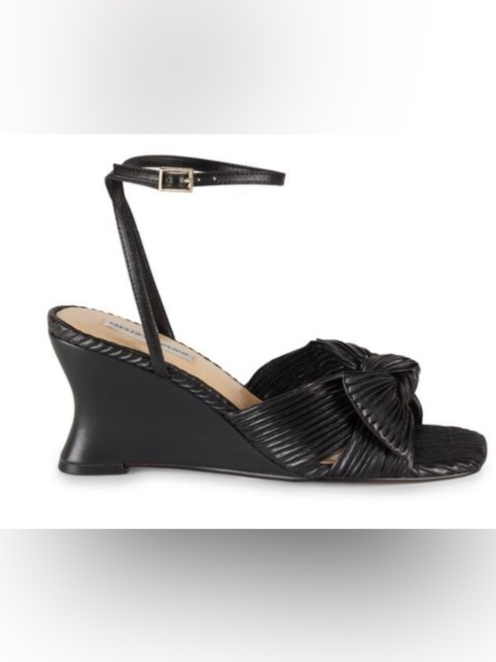 Saks Fifth Avenue Shoes - SAKS FIFTH AVENUE Black Pleated Leather
Wedge Sandals - Size 7